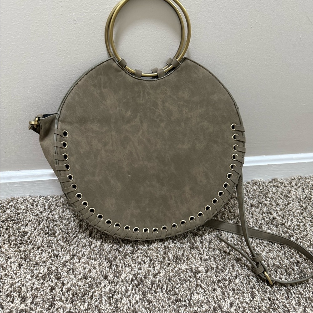 Anthropologie Green Shoulder Bag with Circular Design and Metal Accents
